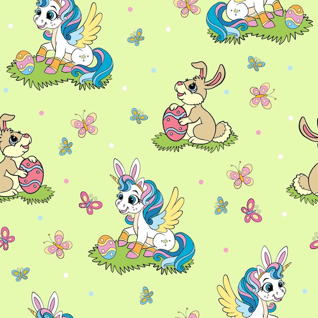 Cute easter unicorn and rabbit vector seamless pattern