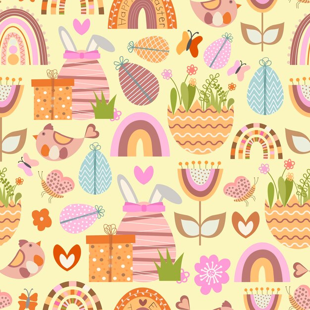 Cute Easter vector seamless pattern Pattern with rainbows eggs chickens flowers butterflies