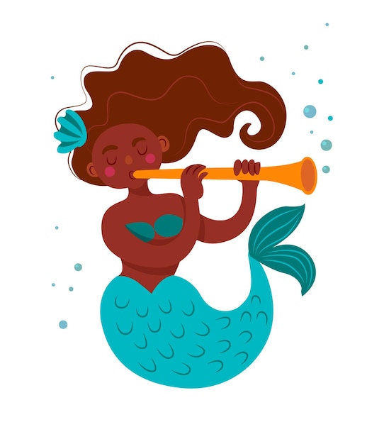 Cute ebony mermaid with long hair plays on a pipe