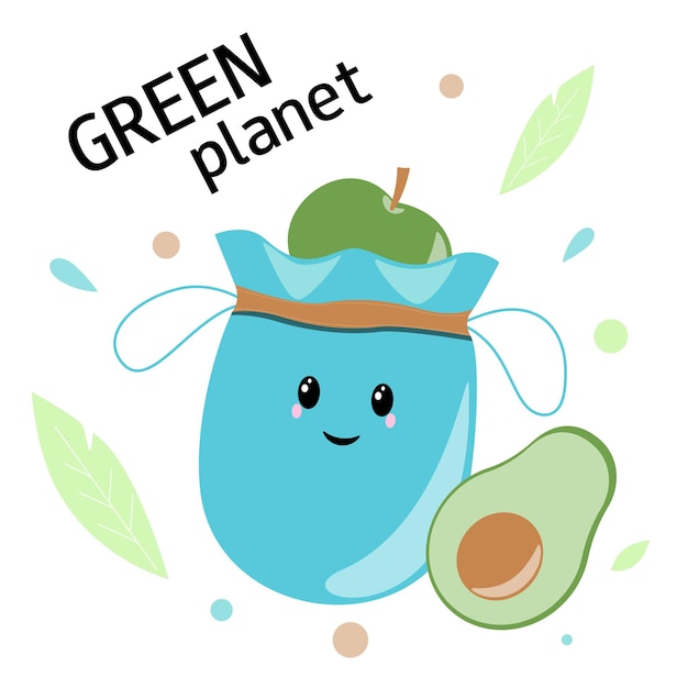 Cute eco bag character Green planet concept Educational material for kids