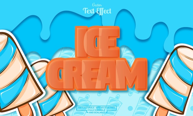 Cute editable text effect on melting background with seamless blue ice cream hand drawn pattern