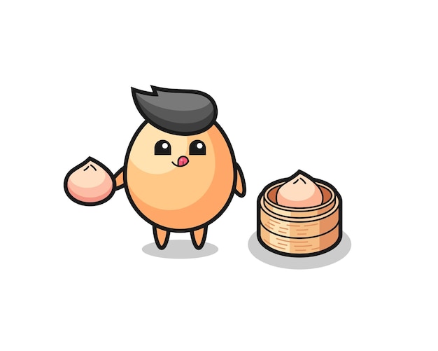 Симпатичный яичный персонаж ест булочки на пару милый дизайн стиля для элемента логотипа наклейки на футболке