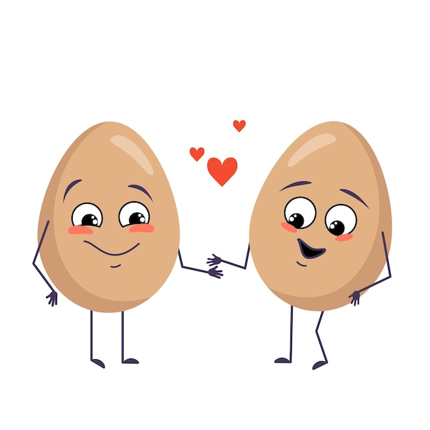 Cute egg characters with love emotions, face, arms and legs. happy easter decoration. the funny or happy food heroes fall in love. vector flat illustration