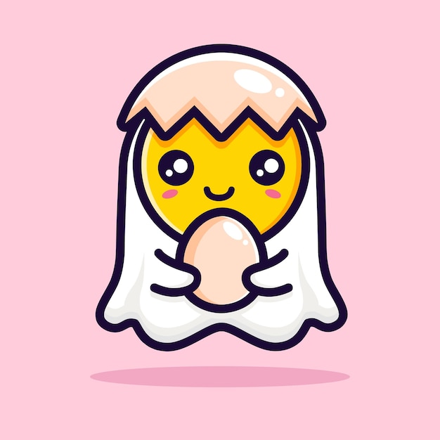 Vector cute egg ghost hugging egg with eggshell hat