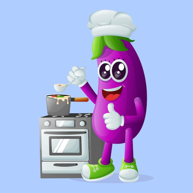 Cute eggplant character cooking on a stove