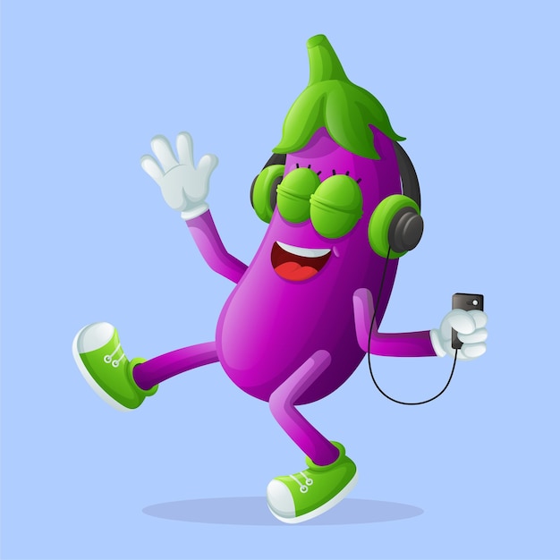 Cute eggplant character listening to music