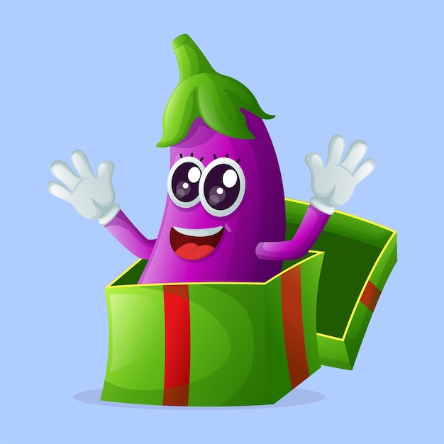 Cute eggplant character receiving gifts