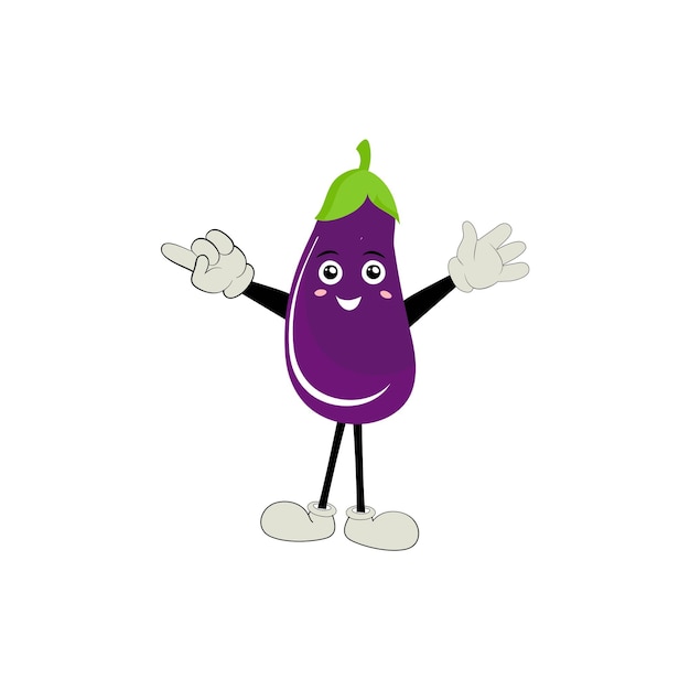 Vector cute eggplant character vector illustration flat eggplant cartoon character waving minimal purple