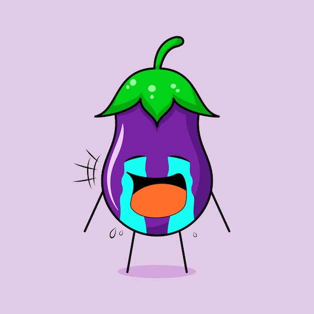 cute eggplant character with crying expression, tears and mouth open. green and purple