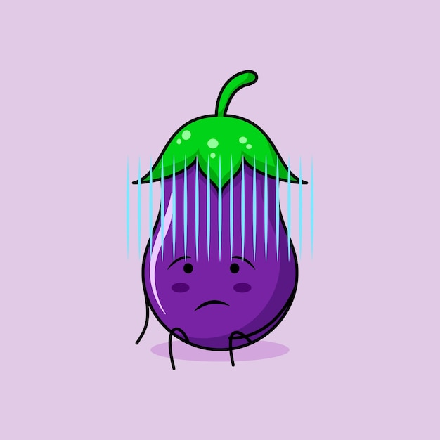 Vettore simpatico personaggio di melanzane con un'espressione senza speranza e siediti. verde e viola. utilizzato per l'emoticon