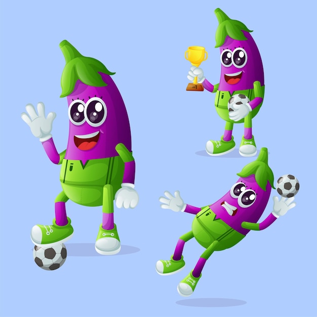 Cute eggplant characters playing soccer