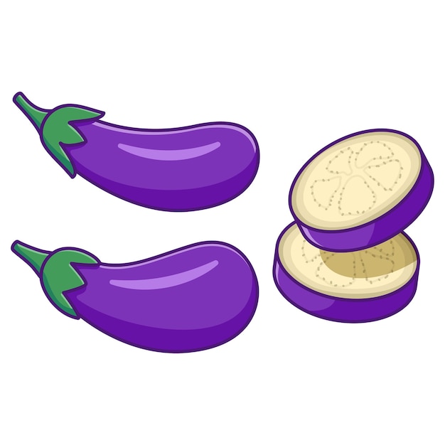 Vector cute eggplant food vegetable whole eggplant and slices aubergine vegetarian food healthy food