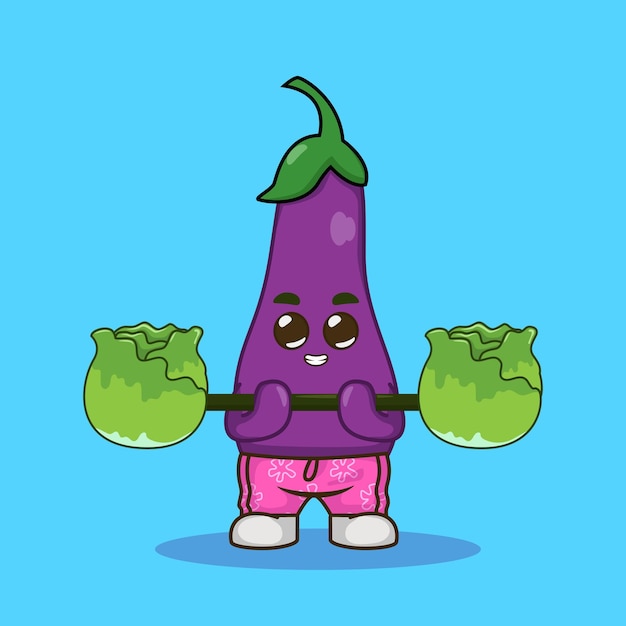 Cute eggplant lifting barbells cabbage