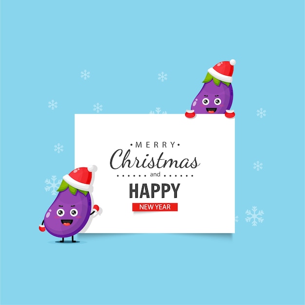 Cute eggplant mascot with Christmas and New Year wishes