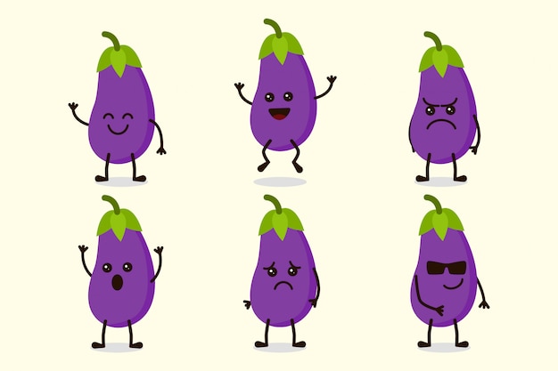 Vector cute eggplant vegetable character isolated in multiple expressions