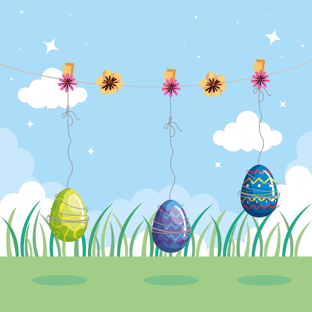 Cute eggs easter decorated hanging with landscape