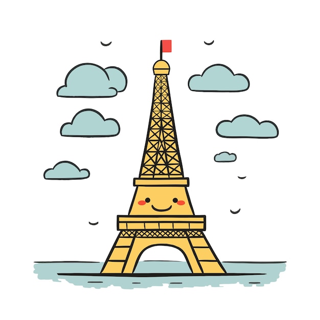 Cute eiffel tower in paris architecture city symbol of france famous tower cartoon handdrawn