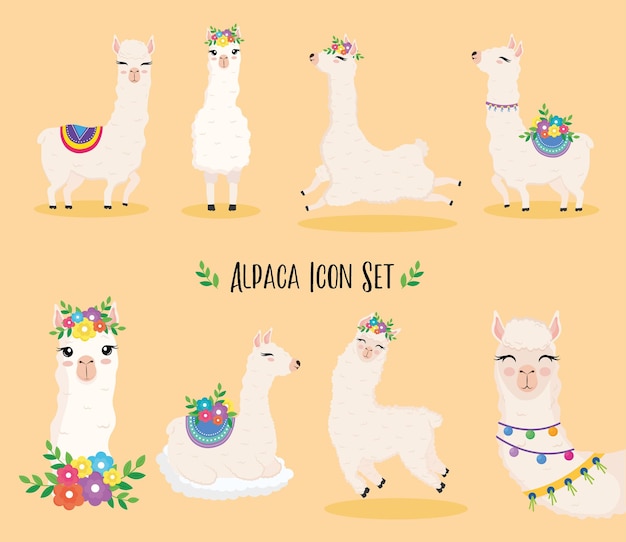 花のイラストデザインでかわいい8つのアルパカエキゾチックな動物 プレミアムベクター
