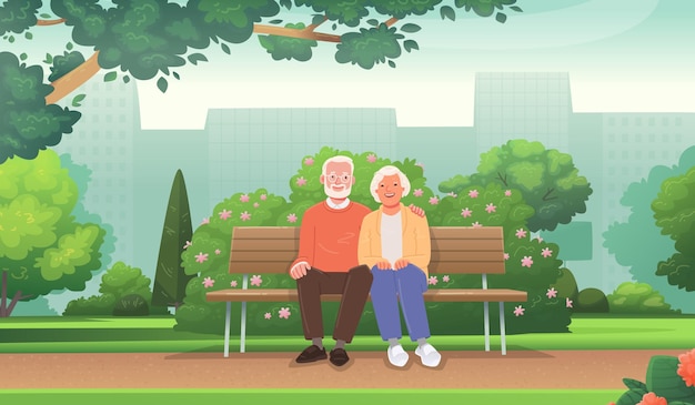 Cute elderly couple is sitting on a bench in a city park seniors rest outdoors