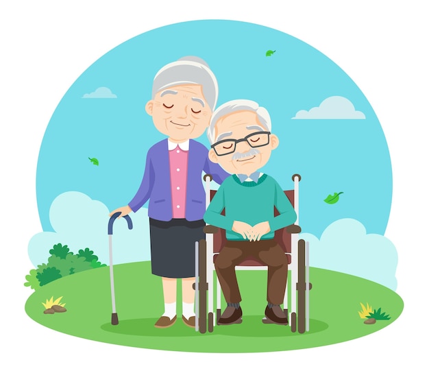 Cute elderly couple sitting on wheelchair Relax in the park