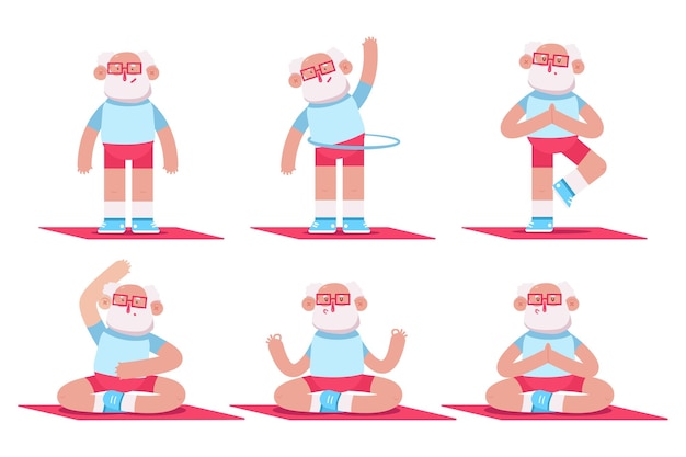 Carino uomo anziano che fa esercizi di yoga e fitness. divertenti personaggi dei cartoni animati