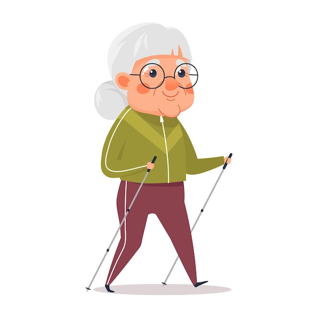 Vector cute elderly woman at the nordic walk with scandinavian sticks