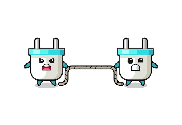 Cute electric plug character is playing tug of war game