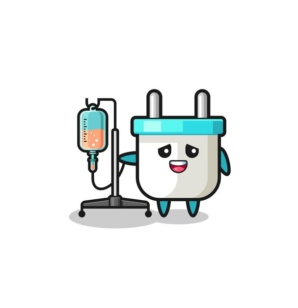 Cute electric plug character standing with infusion pole