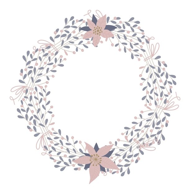 Vector cute and elegant vector floral round frame. pastel tone plant circle winter badge and emblem. christmas wreath. flat  in hygge style.