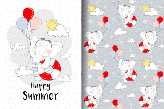 Cute elephant babies fly with balloons illustration and seamless pattern