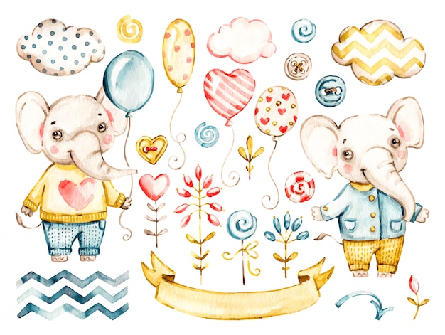 Cute elephant baby boy. Watercolor nursery cartoon jungle animals, cute clouds, balloons. Adorable Nurseries safari set