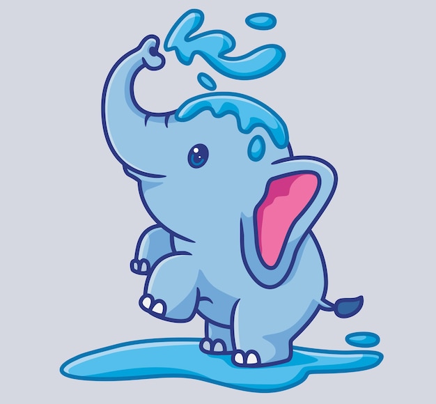 Simpatico elefante che bagna l'acqua spray dal suo tronco isolato cartone animato animale illustrazione stile piatto