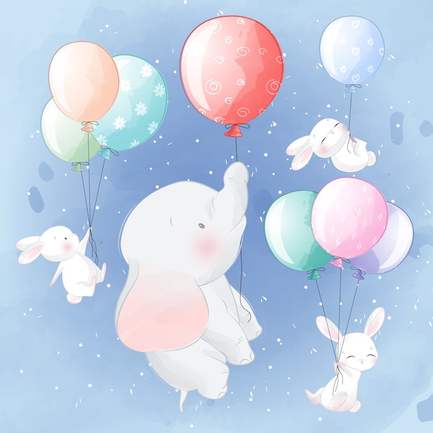 Vector cute elephant and bunny flying with balloon