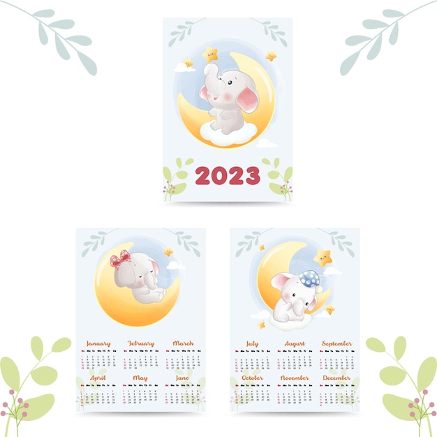 Cute elephant calendar cartoon illustration