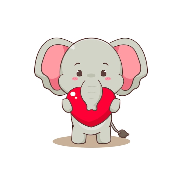 Cute elephant cartoon character holding red love heart