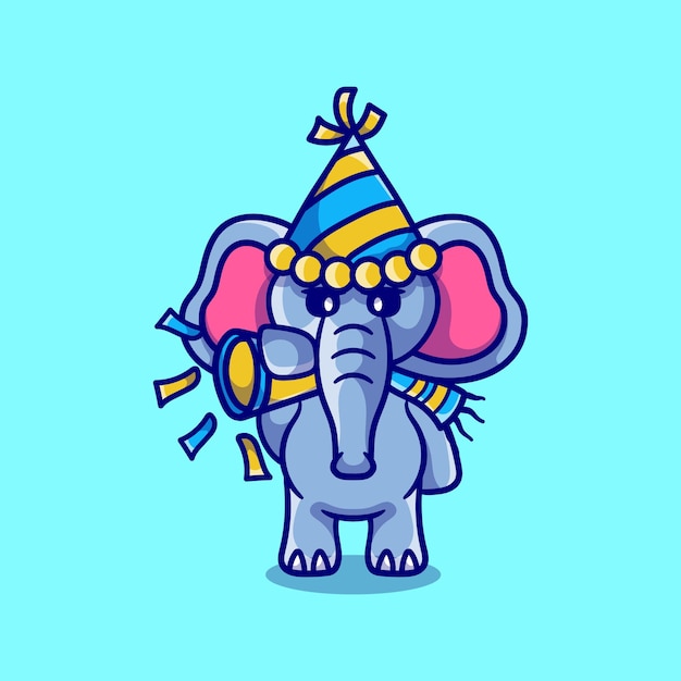 Vector cute elephant celebrates the new year by blowing the trumpet
