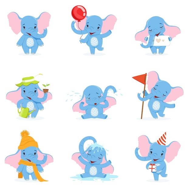 Vector cute elephant character set, funny baby elephant in different poses and situations  illustrations