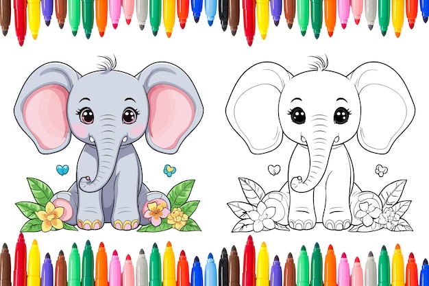 Вектор Красивая страница для раскраски слонов для детей