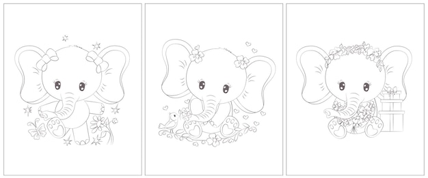 Disegni da colorare di elefanti carini. set di tre pagine per un libro da colorare.