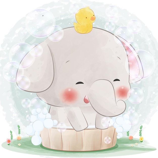 Vector cute elephant cub bathes in the bath