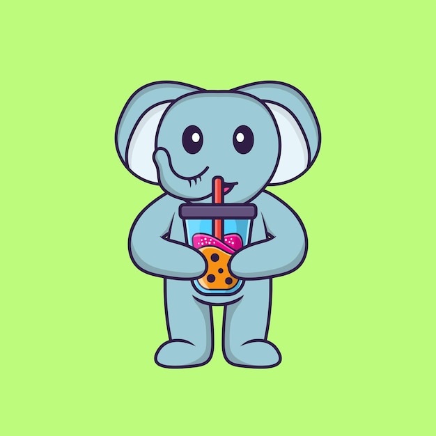 Cute elephant drinking boba milk tea. animal cartoon concept isolated.  flat cartoon style