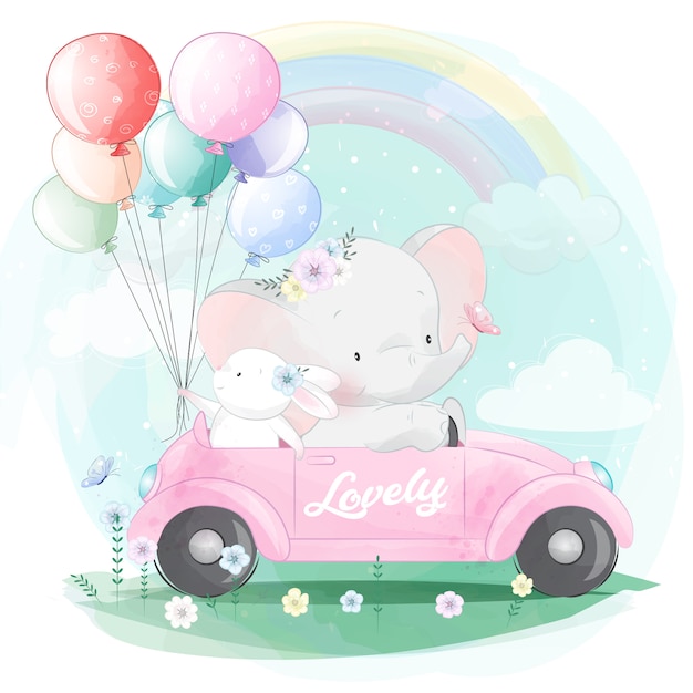 Vector cute elephant driving a car with little bunny