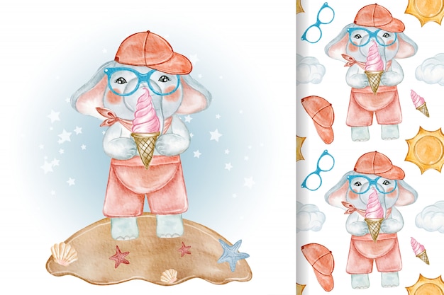 Cute elephant eating ice cream illustration watercolor and pattern