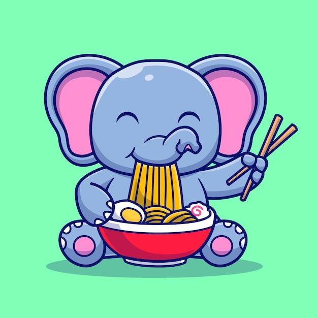 Cute Elephant Eating Ramen Bowl With Chopstick Cartoon Vector Icon Illustration Animal Food Isolate