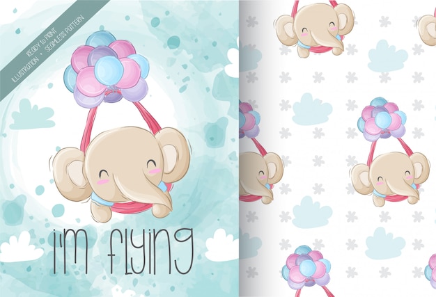 Cute elephant flying with seamless pattern