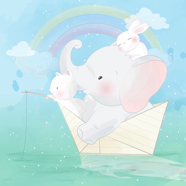 Cute elephant and friend inside the paper boat