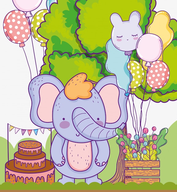 Cute elephant happy birthday with cake balloons