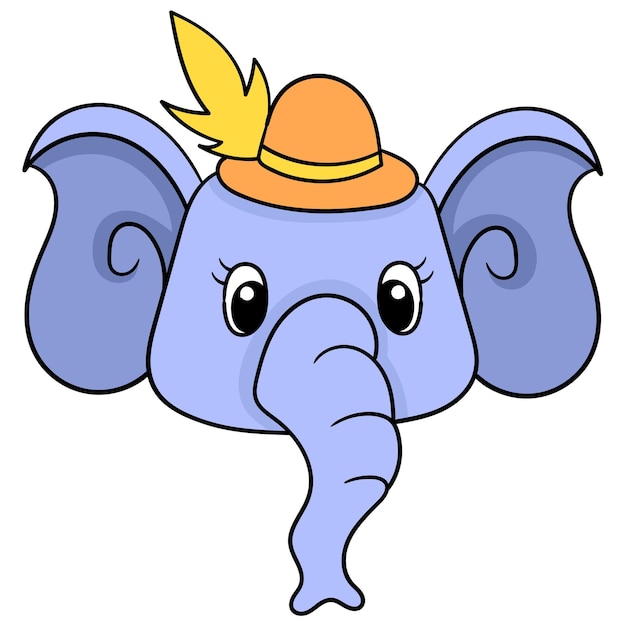 Una simpatica testa di elefante che indossa un bellissimo cappello con una lunga proboscide. disegno icona scarabocchio, emoticon cartone illustrazione vettoriale