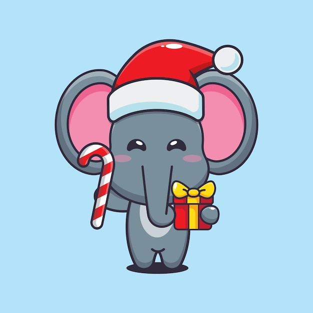 Cute elephant holding christmas candy and gift. cute christmas cartoon illustration