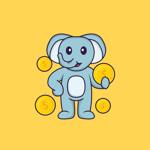 Cute elephant holding coin. Animal cartoon concept isolated.